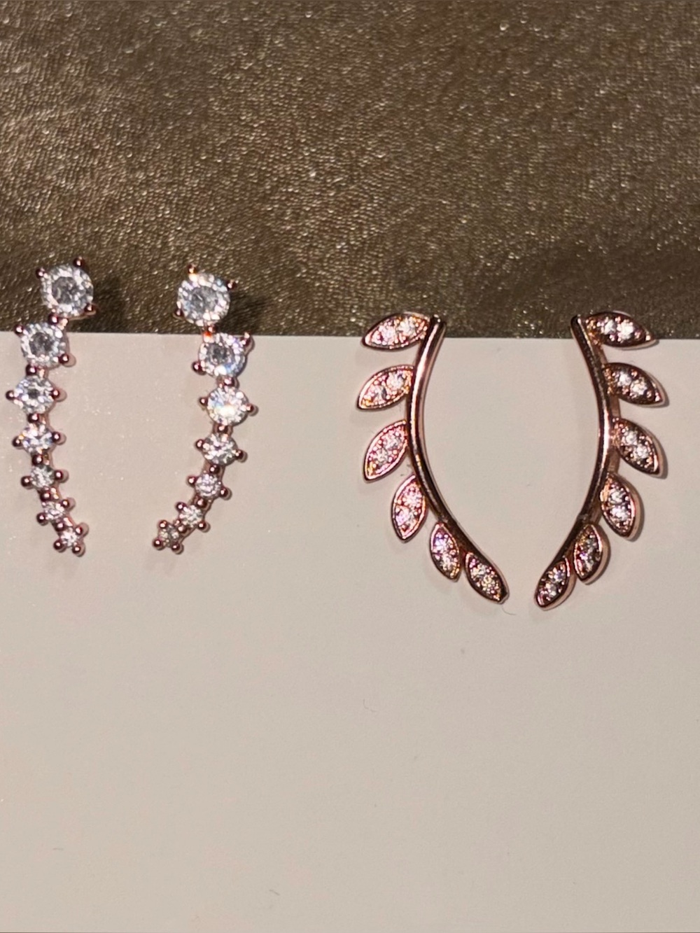 2 pair of Rose Gold Leaf Crystal Ear Crawler Earrings - Women Jewelry